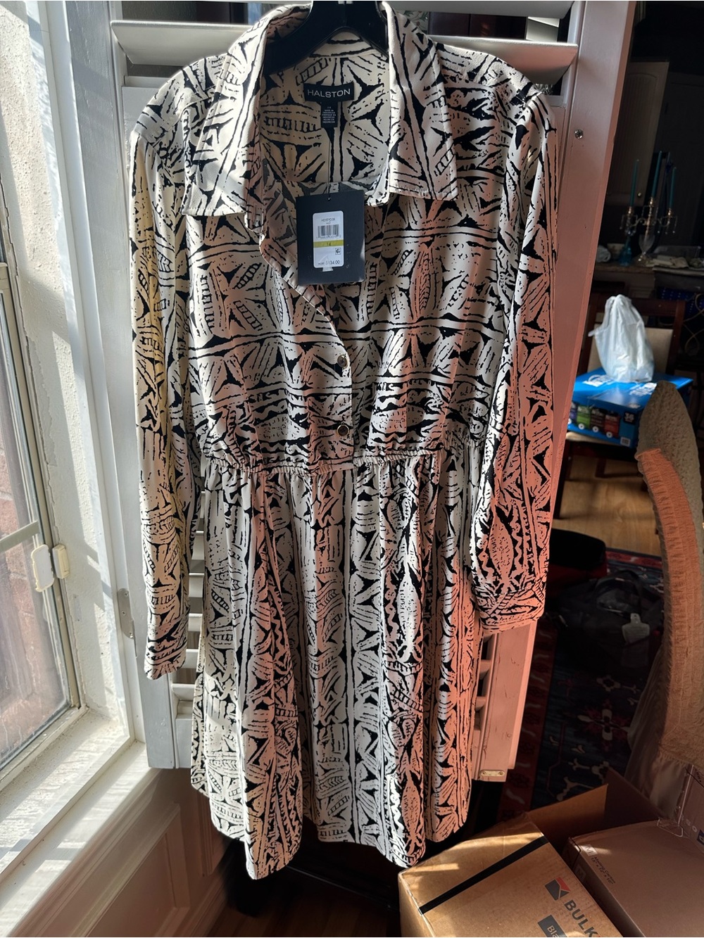 H by Halston Black and Cream Printed Long-Sleeve Dress